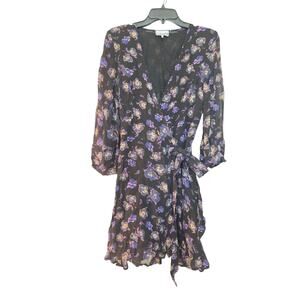 GANNI Georgette Floral Mini Wrap Dress Purple Black Size 6 (38)
